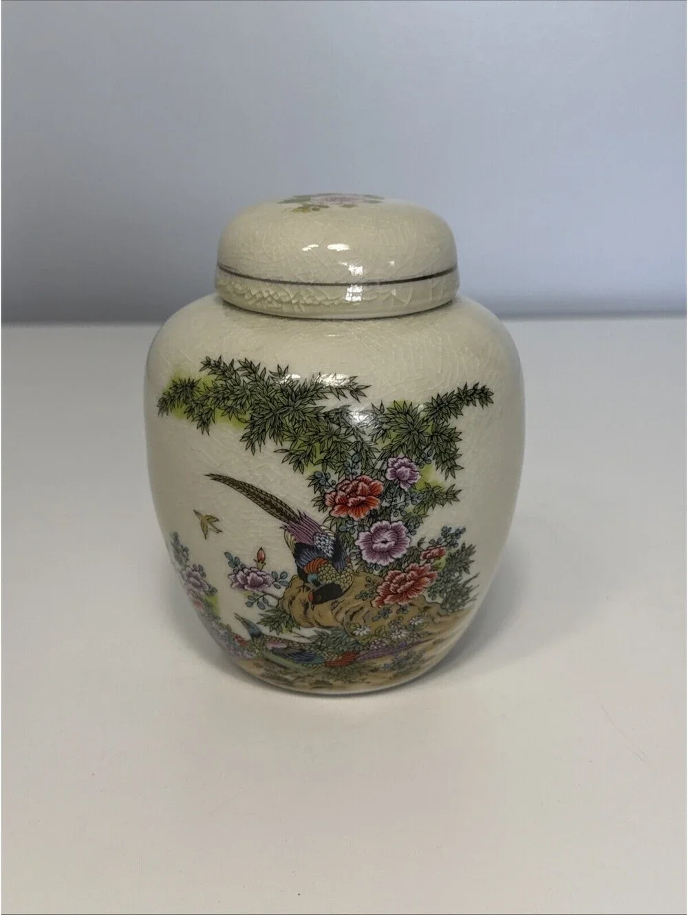 VTG Asian Porcelain Satsuma Ginger Jar/Urn Pheasants Peonies 5 3/8
